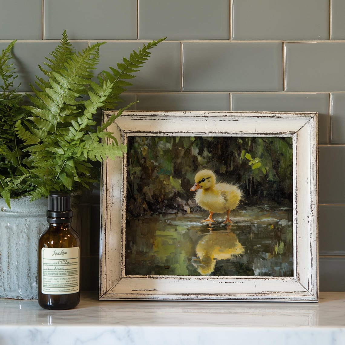 Fluffy Duckling by Water Edge Mirror Reflection Spring Painting Print - Image 4