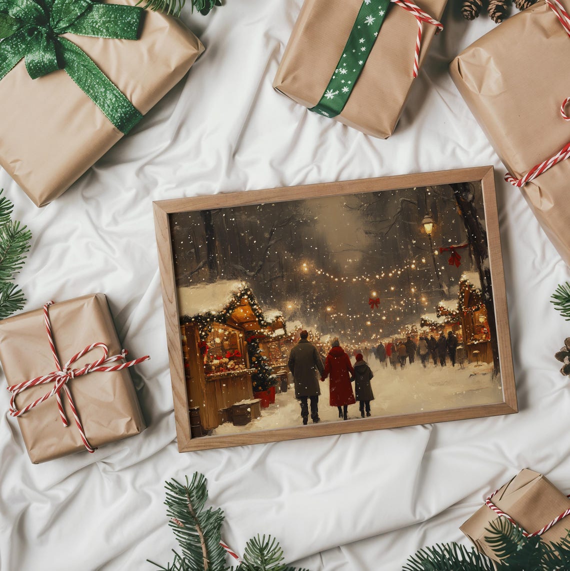 Christmas Market At Night With String Lights And Snow Winter Poster - Image 2