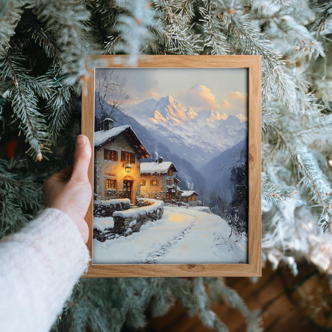Alpine Village with Snowy Mountain Peak at Golden Sunset Poster - Image 6