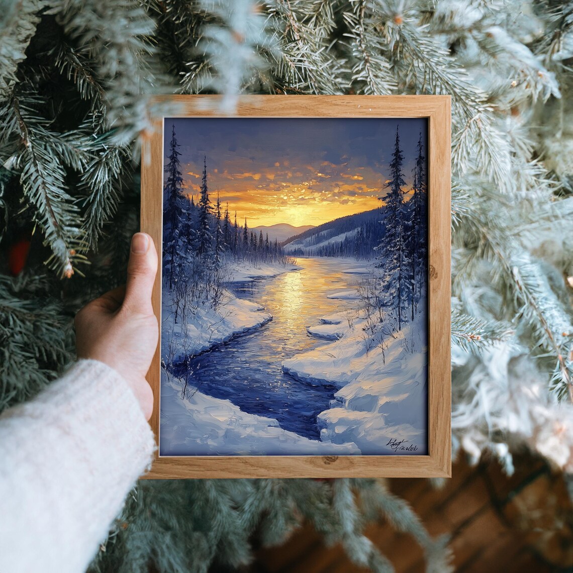 Golden Winter Lake In Snowy Pine Valley At Sunset Christmas Poster - Image 6