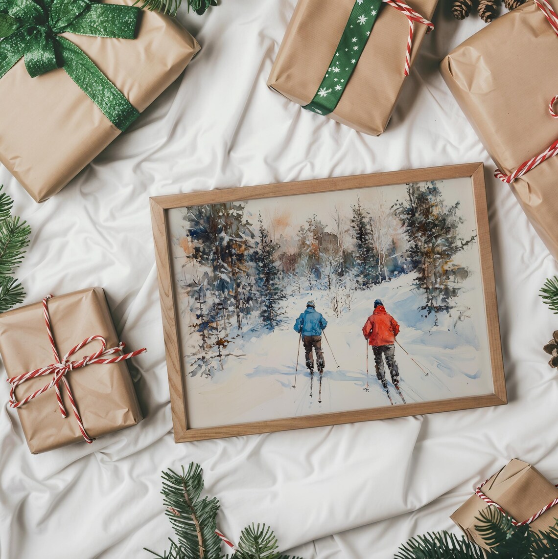 Two Cross Country Skiers In Snowy Forest Watercolor Winter Poster - Image 2