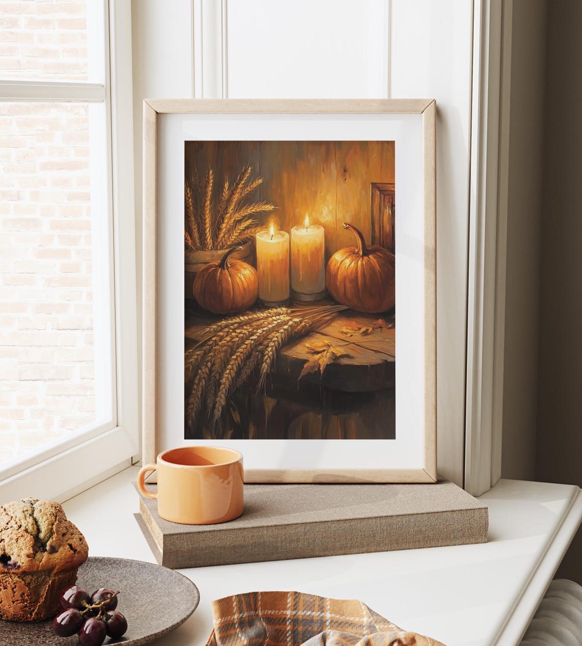 Glowing Candles With Pumpkins And Wheat Harvest Table Poster - Image 6