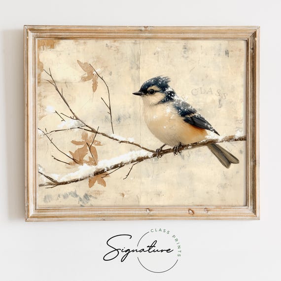 Frosted Tufted Titmouse In Winter Twilight Moody Farmhouse Painting Holiday Decor Vintage Bird Print Cozy Nature Wall Art Artwork 3182