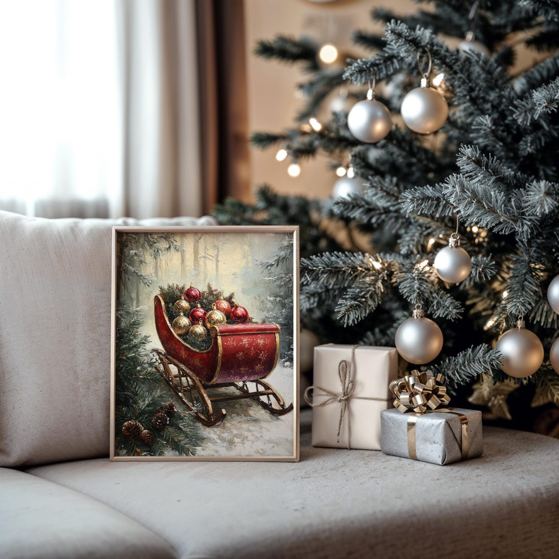 Red Vintage Sleigh Full of Ornaments Snowy Forest Christmas Print - Image 5