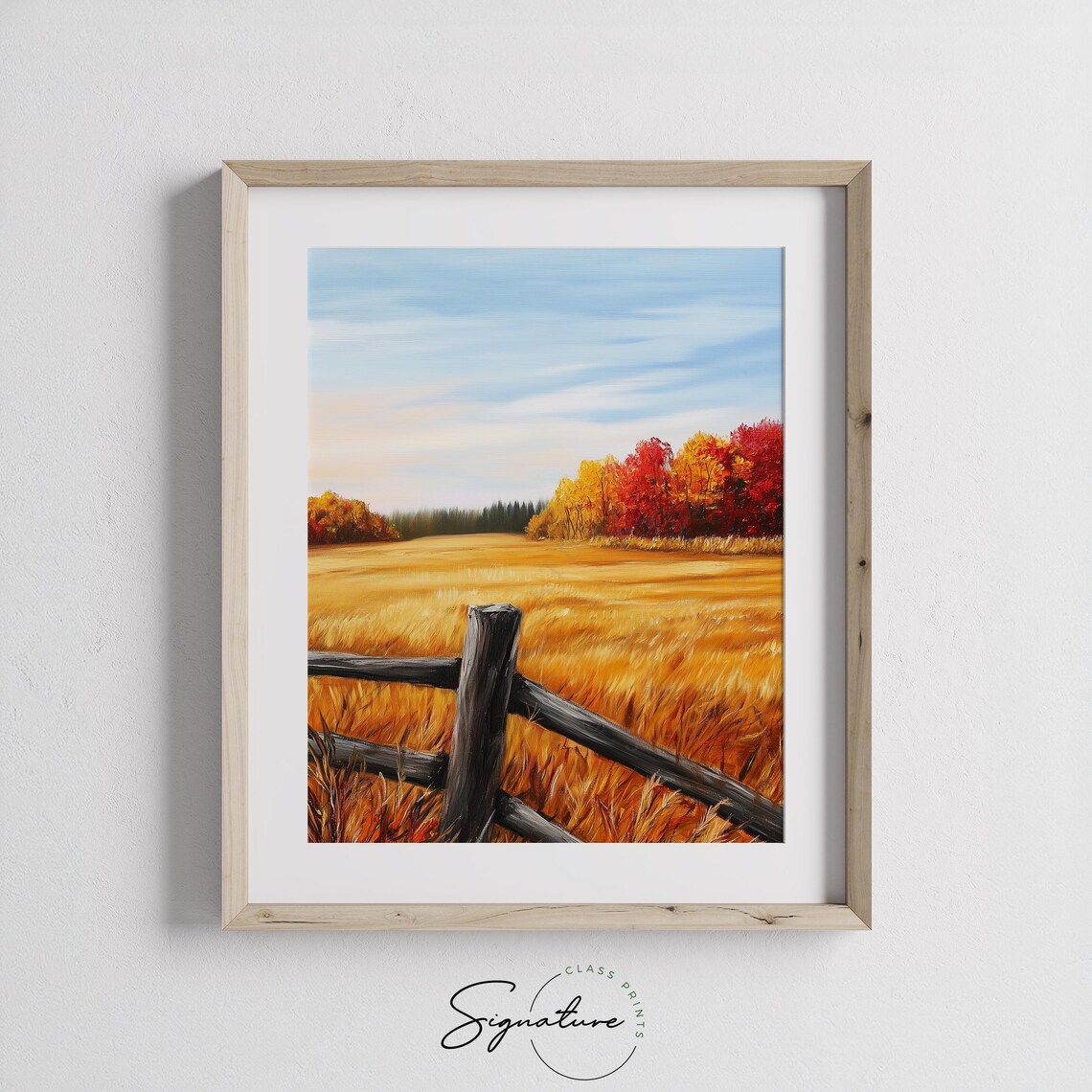 Split Rail Fence Across Golden Meadow With Fiery Autumn Treeline Wall Art - Image 3