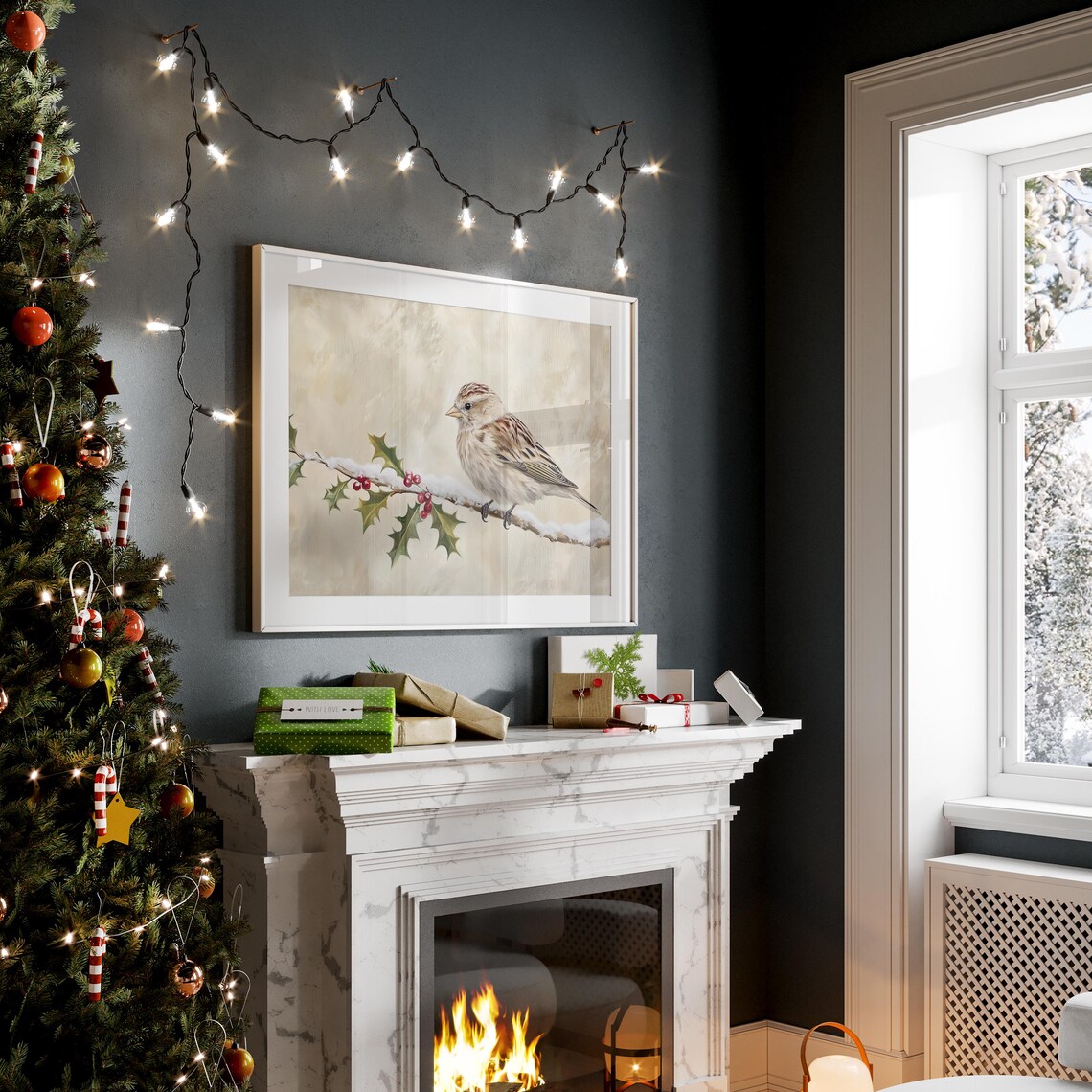 Crimson Redpoll On Snowy Birch Branch With Red Berries Winter Print - Image 2