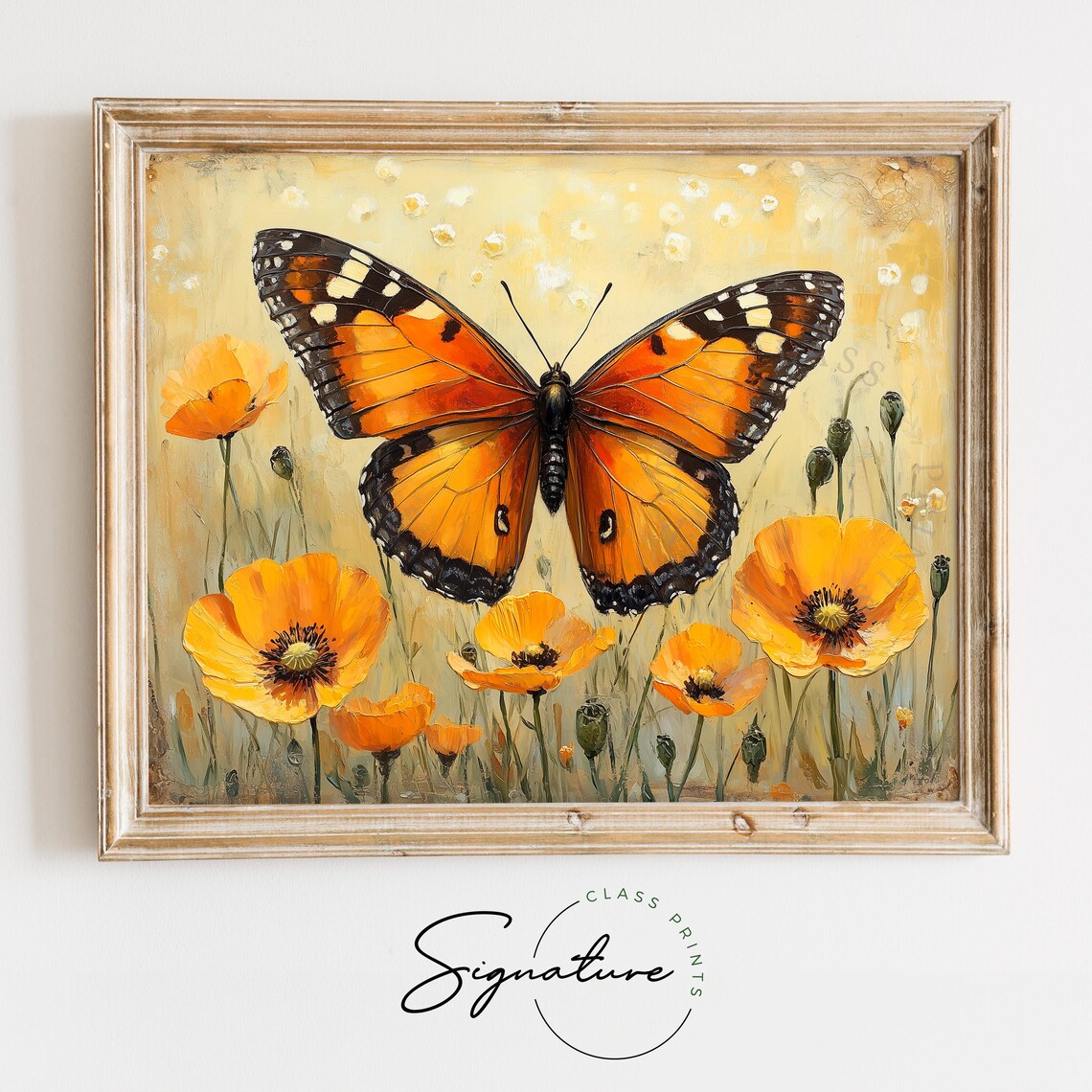 Golden Monarch Butterfly Among Yellow Poppies Spring Floral Wall Art