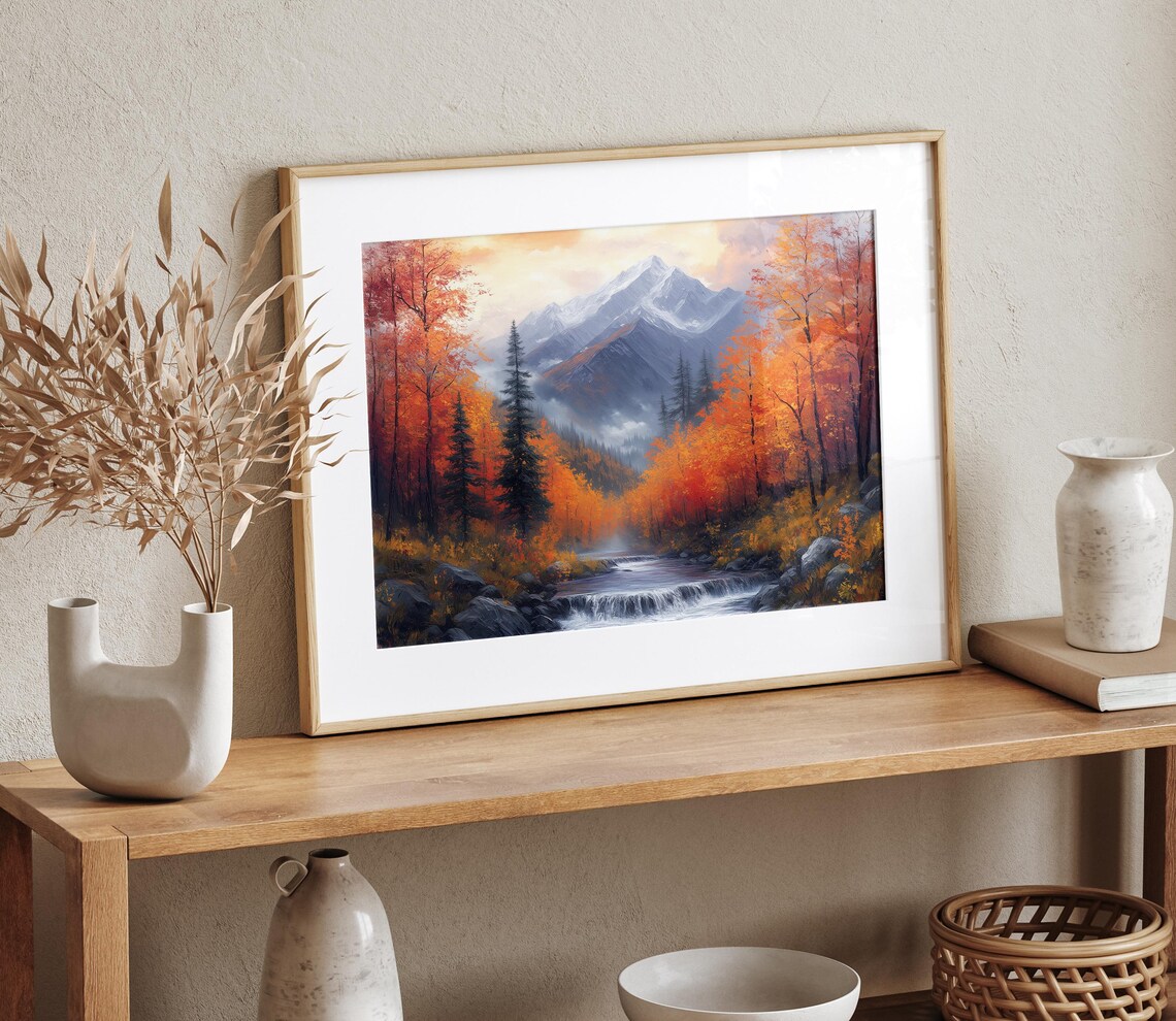 Rushing Mountain Stream Through Autumn Forest With Snowy Peak Beyond Wall Art - Image 4