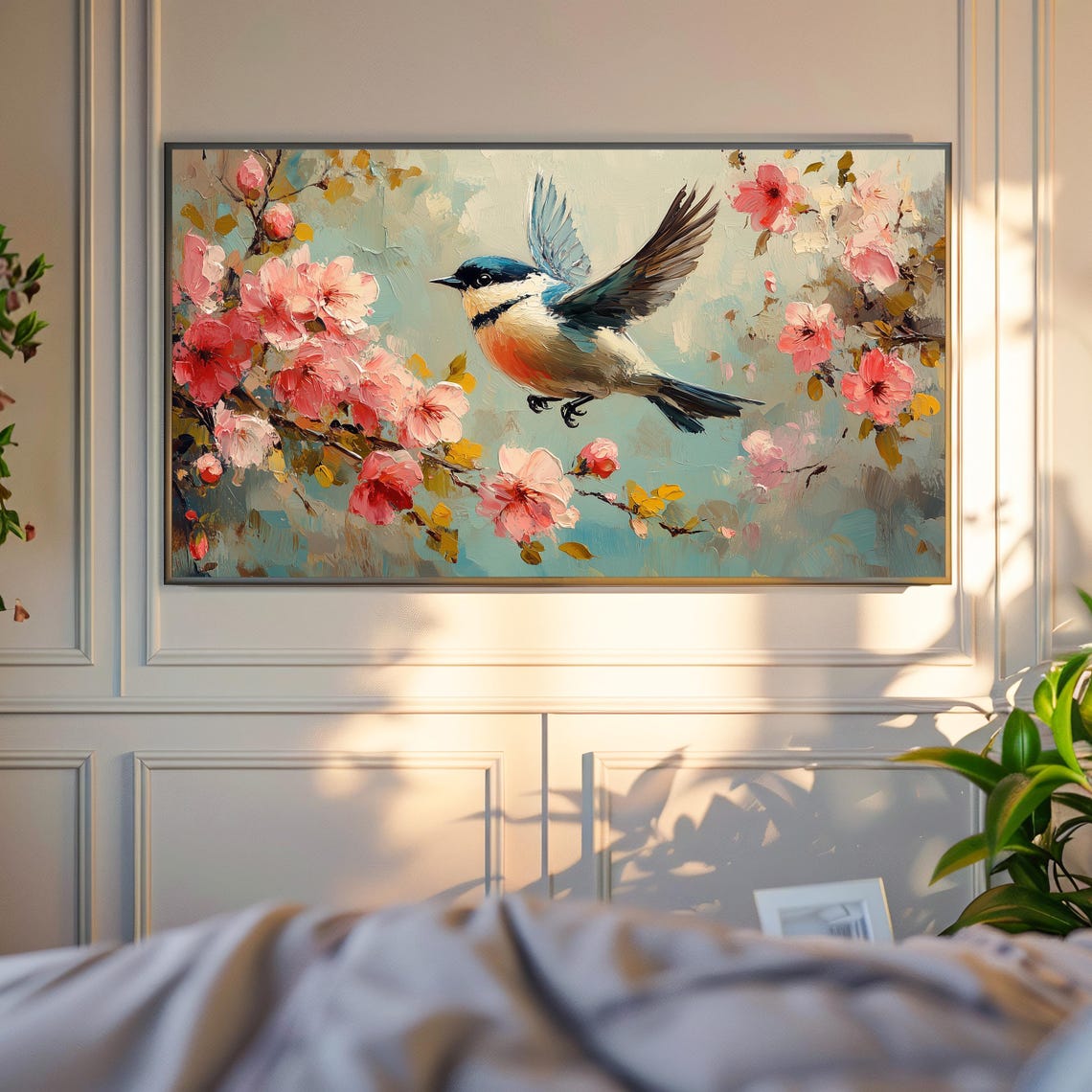 Small Blue Songbird in Flight Pink Blossom Spring Floral Poster - Image 4