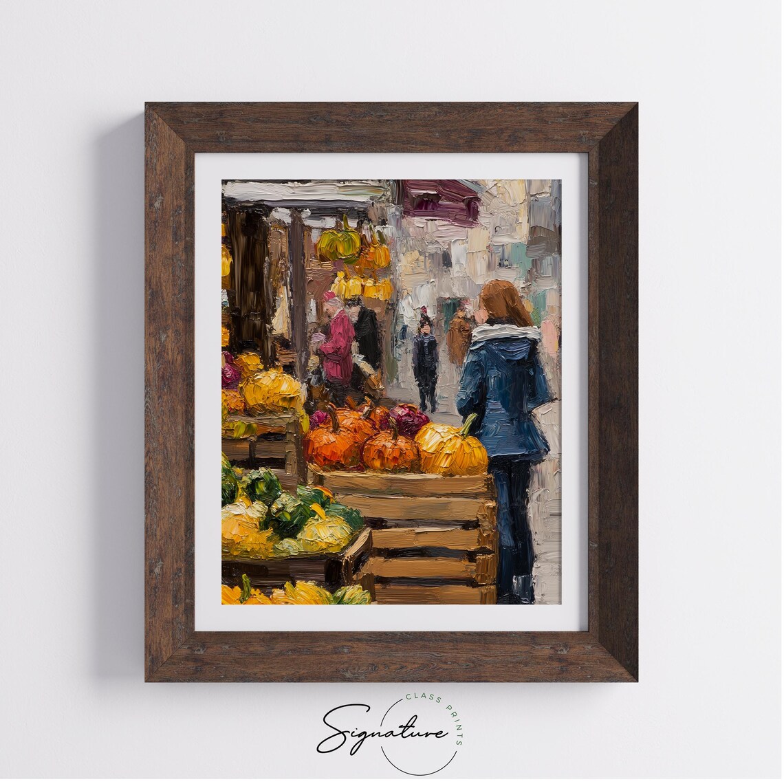 Busy Autumn Farmers Market with Pumpkin Crates and Shoppers Poster - Image 4