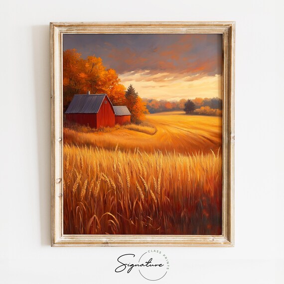 Red Barn at Sunset Over Golden Wheat Field Autumn Landscape Poster