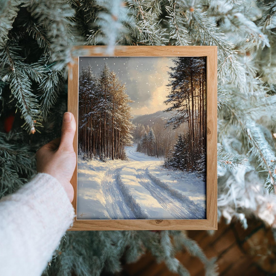 Snowy Forest Road at Dusk with Sleigh Tracks Winter Scene Poster - Image 6