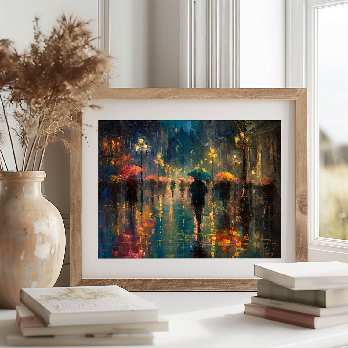Rainy City Square At Night With Umbrellas Impressionist Poster - Image 2