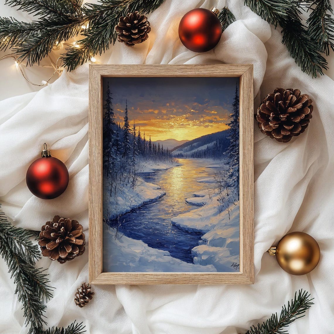 Golden Winter Lake In Snowy Pine Valley At Sunset Christmas Poster - Image 4