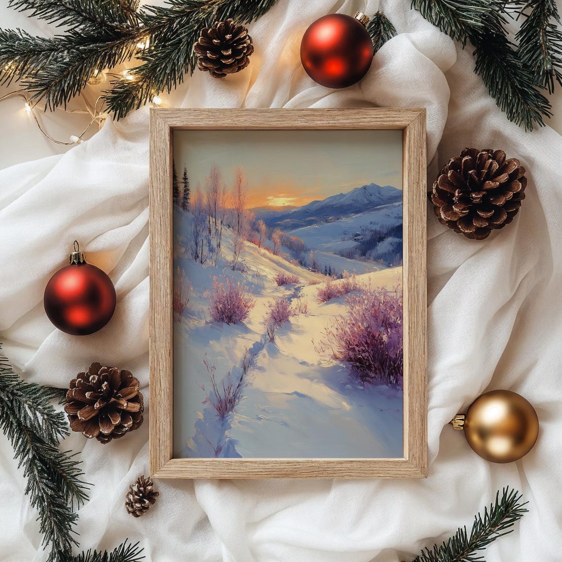Pastel Sunrise Over Snowy Hills with Pink Bushes Winter Poster - Image 4