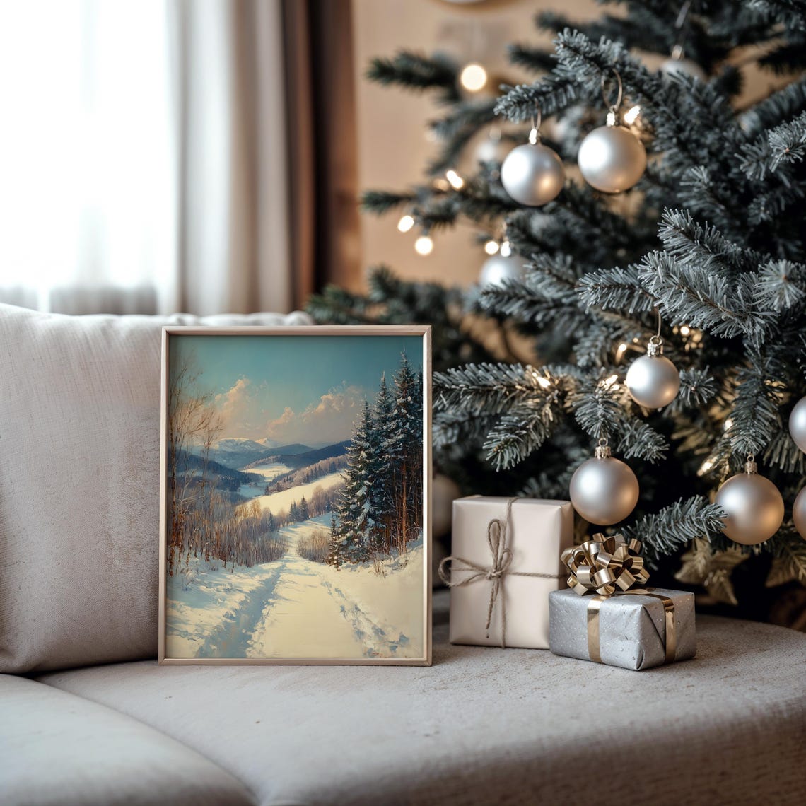 Snowy Evergreen Valley under Teal Sky with Winding Trail Poster - Image 5