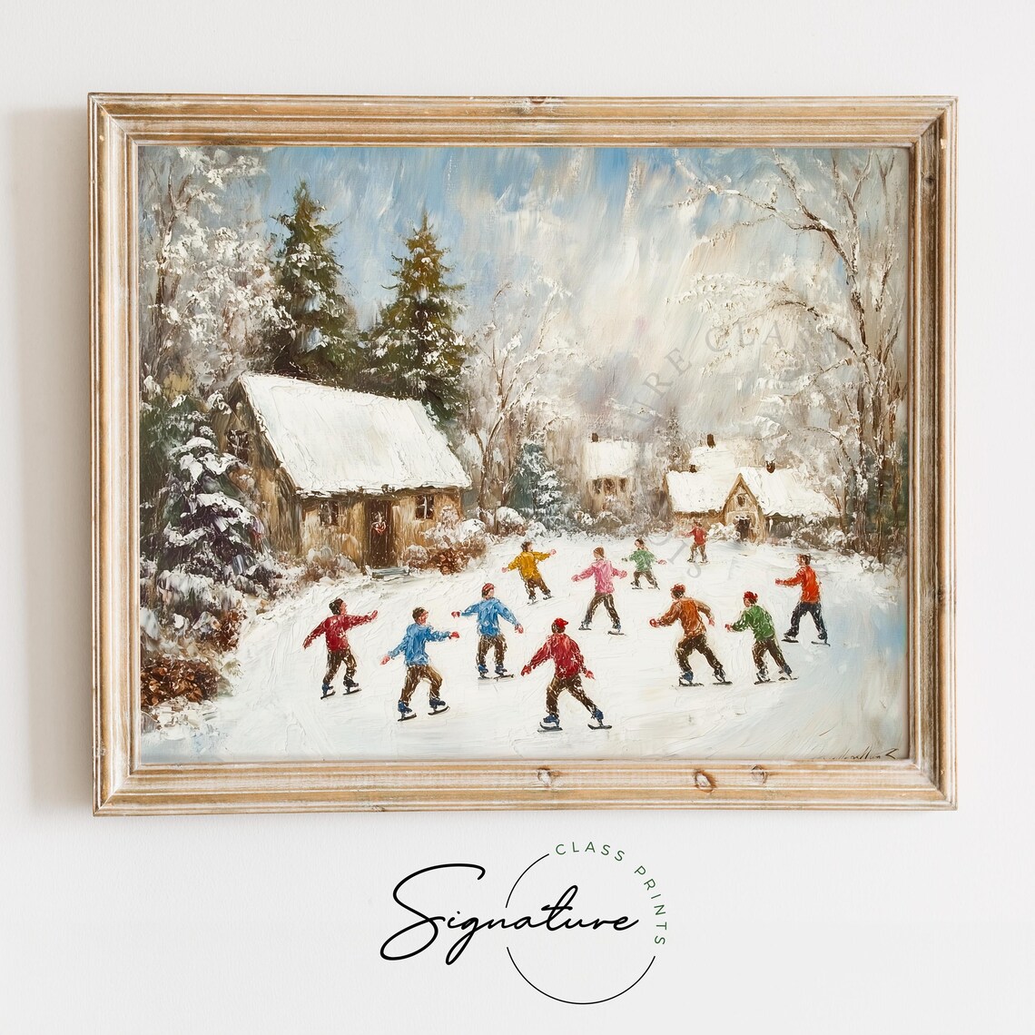 Children Ice Skating On Frozen Pond Near Snowy Cottages Poster
