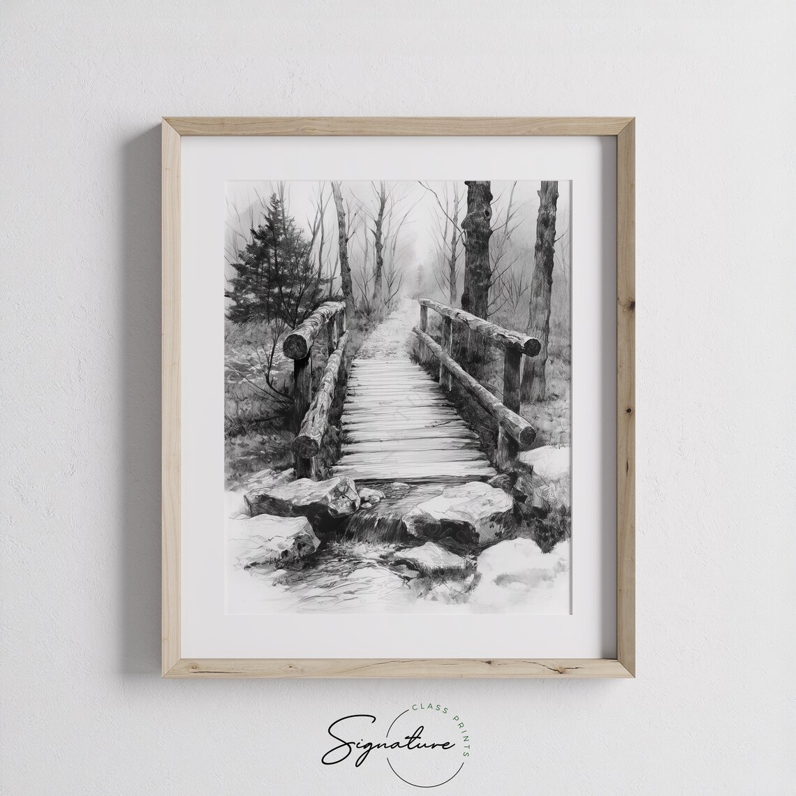 Rustic Wooden Footbridge Over Forest Stream Woodland Ink Poster - Image 3