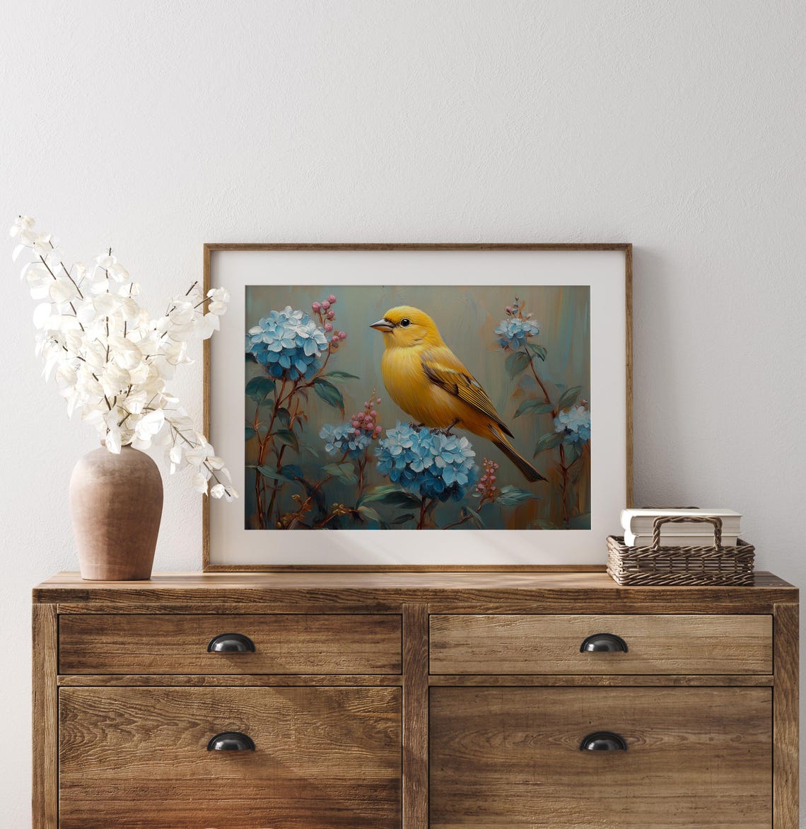 Goldfinch With Powder Blue Hydrangeas Vintage Spring Bird Wall Art - Image 2