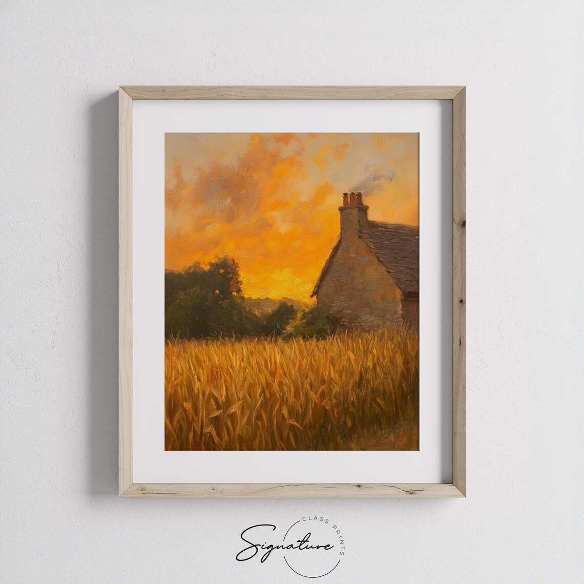 Stone Cottage in a Golden Wheat Field at a Fiery Autumn Sunset Poster - Image 3