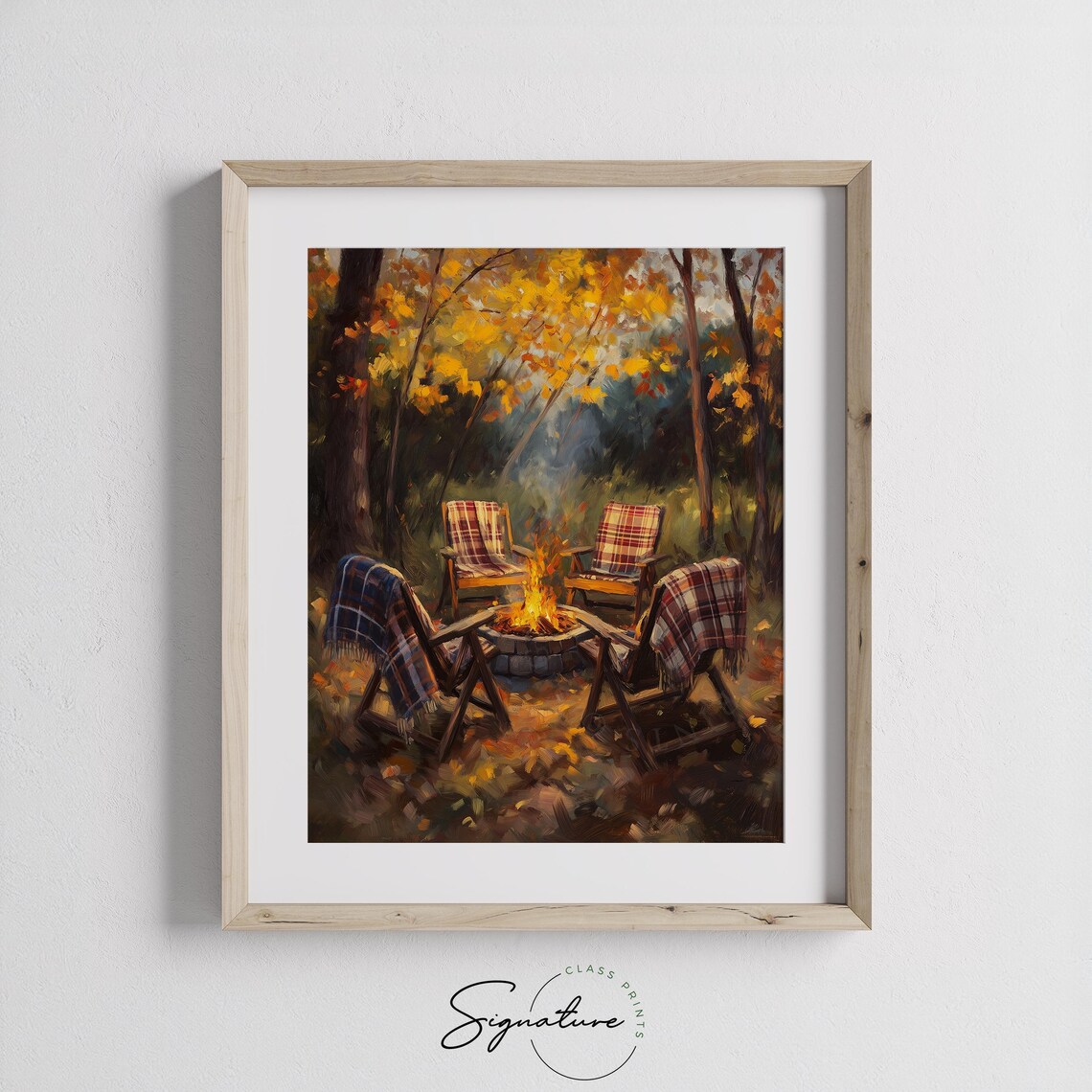 Campfire Circle with Four Plaid Chairs Under Golden Autumn Trees Poster - Image 3