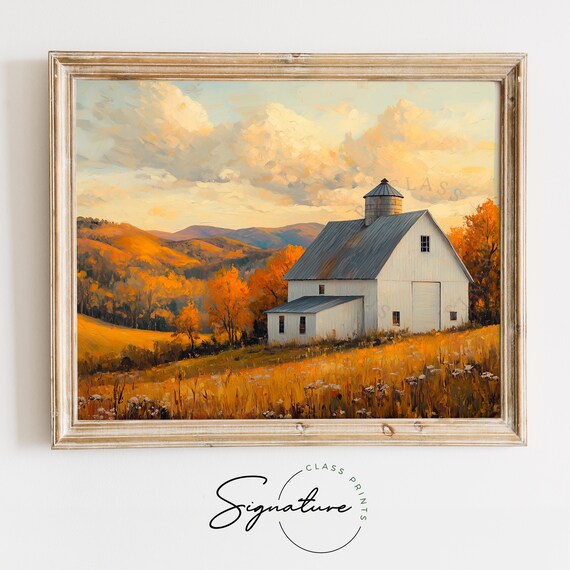White Barn with Silo Over Golden Autumn Hills at Sunset Poster