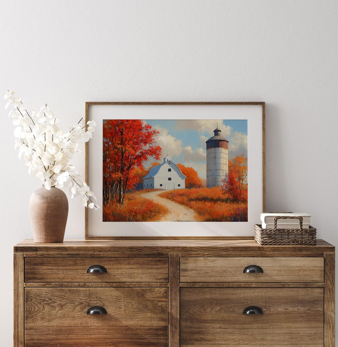 White Barn And Silo Surrounded By Fiery Red Autumn Trees Poster - Image 3