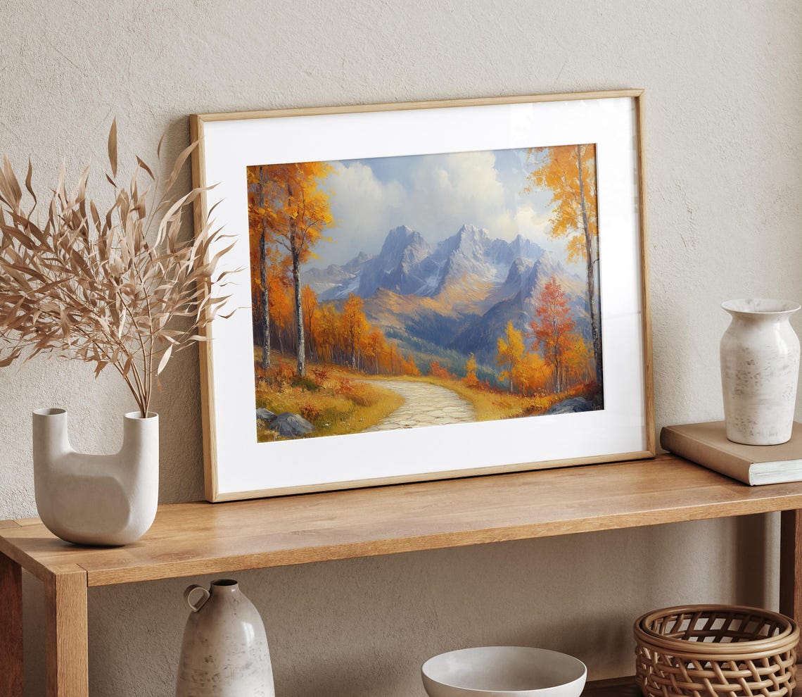 Rocky Path Through Fiery Autumn Forest Toward Mountain Peaks Poster - Image 4
