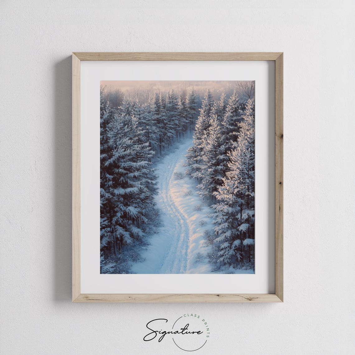 Snowy Forest Path Between Frosted Firs at Pink Winter Dawn Poster - Image 2