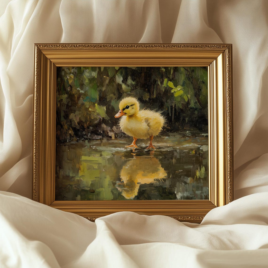 Fluffy Duckling by Water Edge Mirror Reflection Spring Painting Print - Image 5
