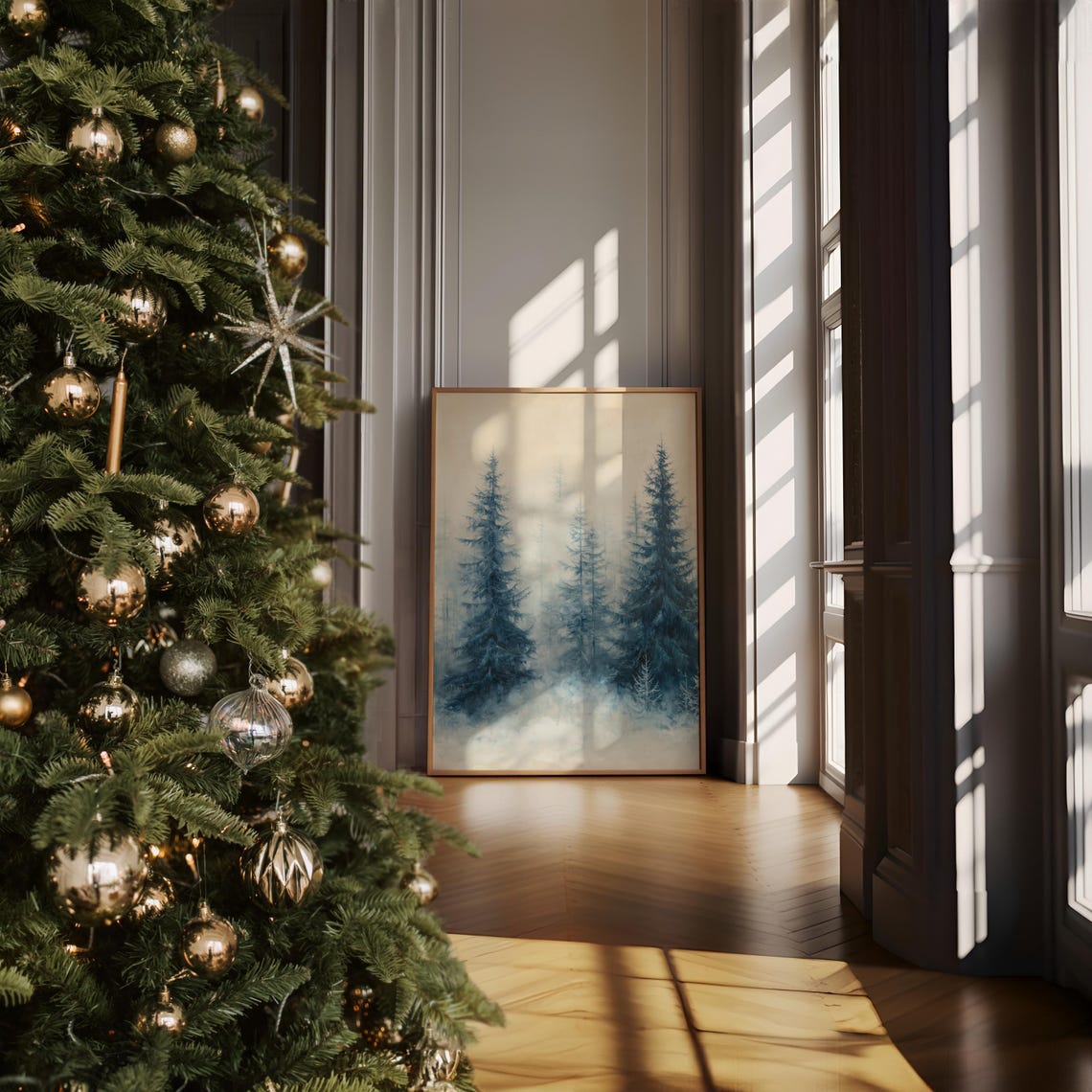 Misty Blue Green Pine Forest in Soft Winter Haze Landscape Poster - Image 2