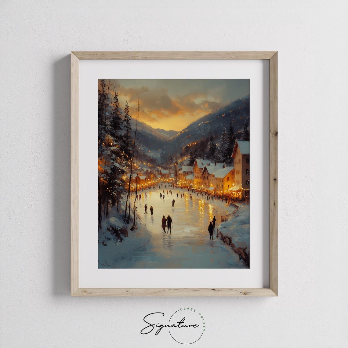 Frozen Lake at Sunset with Ice Skaters in Snowy Village Scene Poster - Image 2