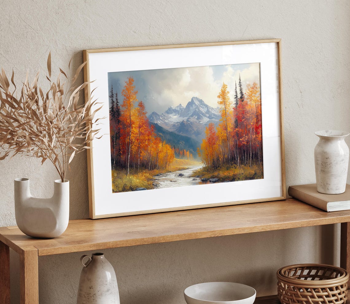 Autumn Aspen Trees Mountain Stream Oil Painting Forest Poster - Image 4