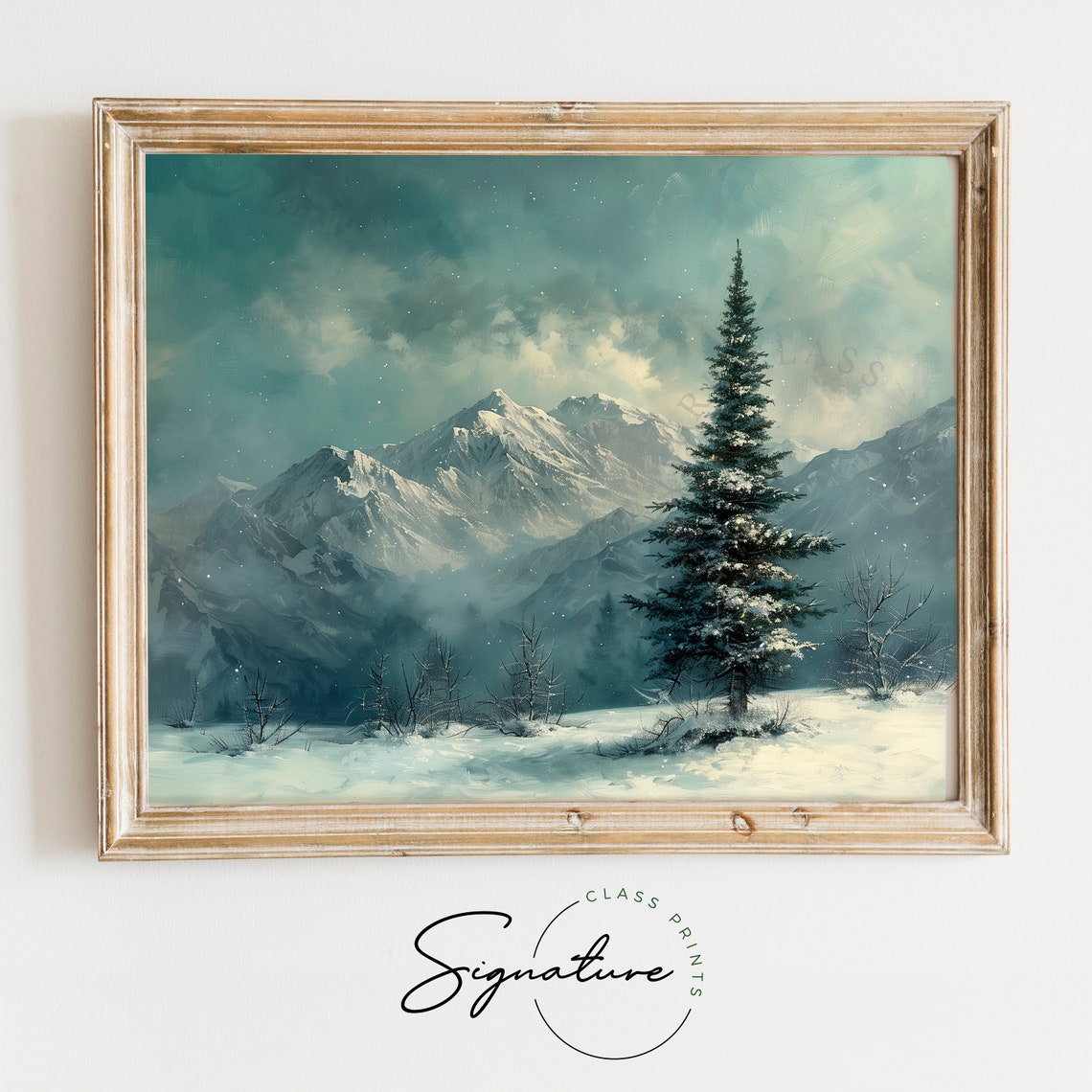 Tall Spruce Under Starlit Teal Sky Snowy Mountain Night Poster