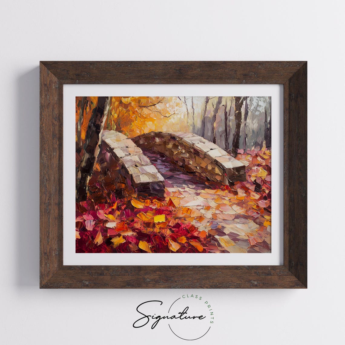Arched Stone Bridge In Autumn Forest With Fallen Leaves Poster - Image 5