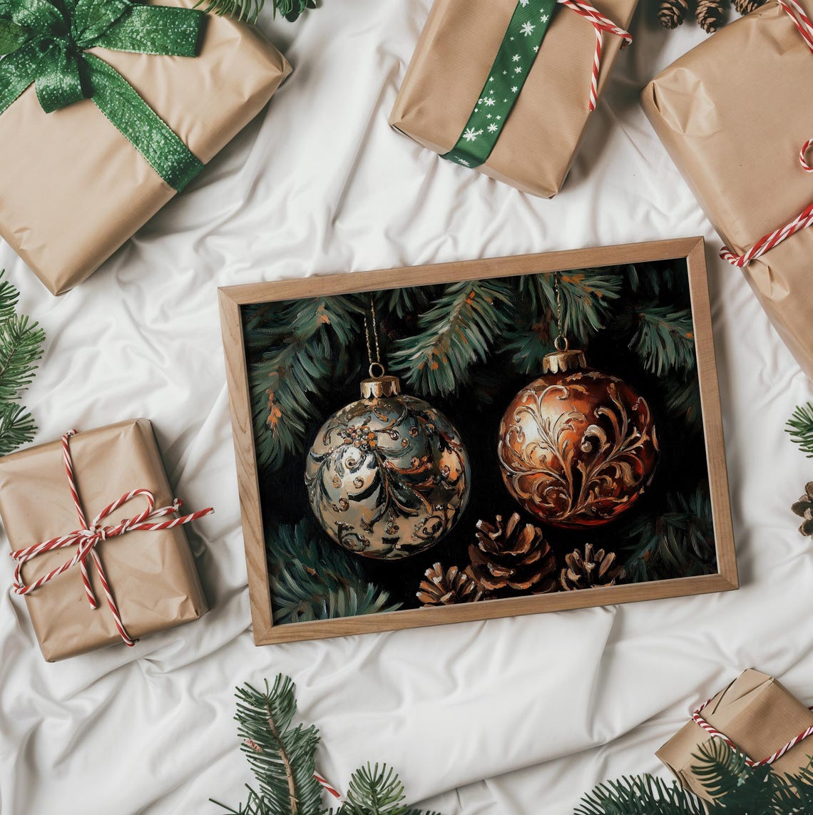 Green And Copper Ornate Christmas Ornaments With Pinecones Poster - Image 2