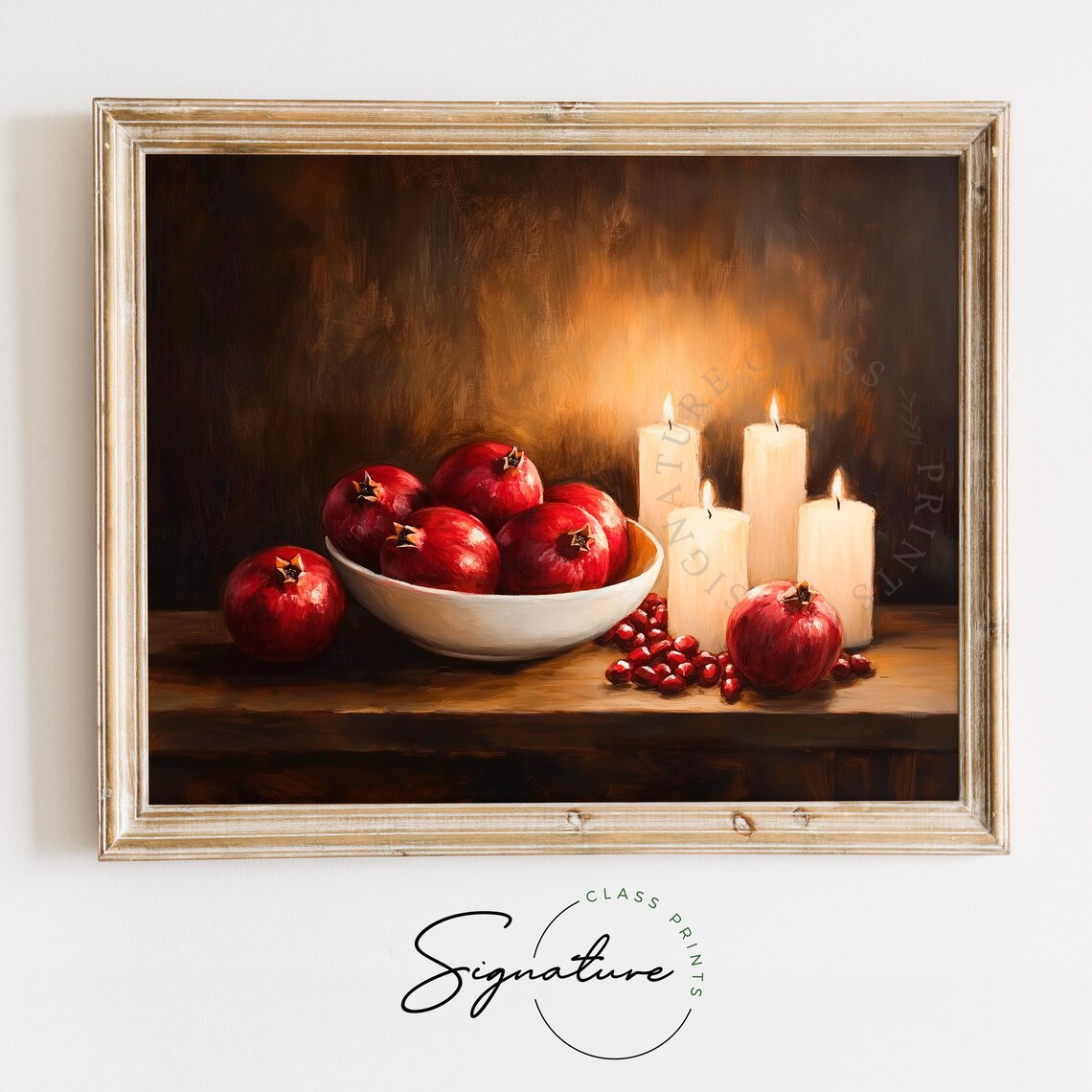 Rustic Bowl Of Pomegranates And Candles Moody Christmas Wall Art Festive Farmhouse Winter Decor Vintage Holiday Painting 2717