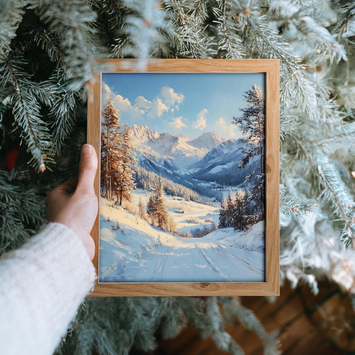 Bright Alpine Morning Snowy Forest Path To Snowy Peaks Oil Painting Poster - Image 6