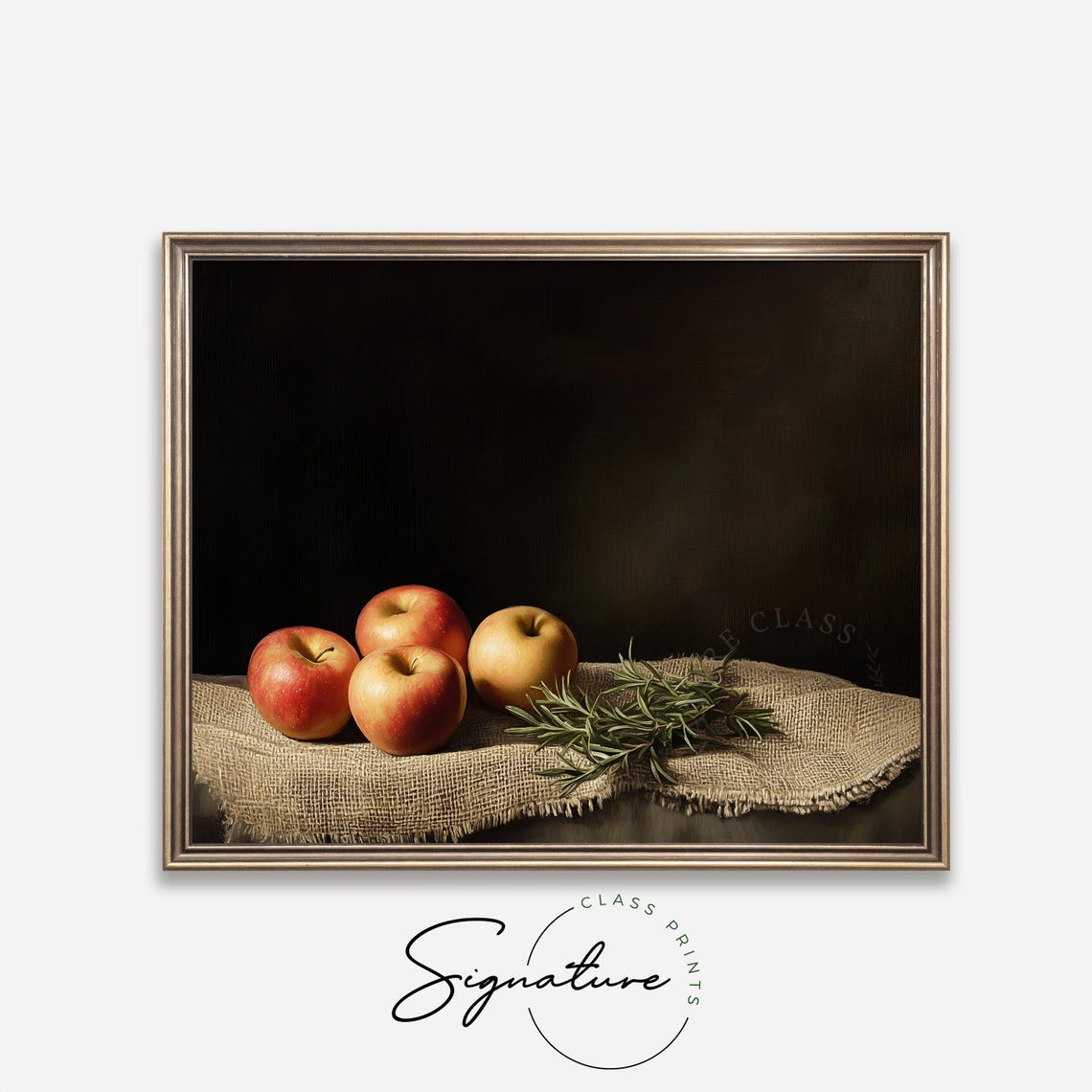 Rustic Apples Rosemary Still Life Painting Burlap Moody Kitchen Poster - Image 4