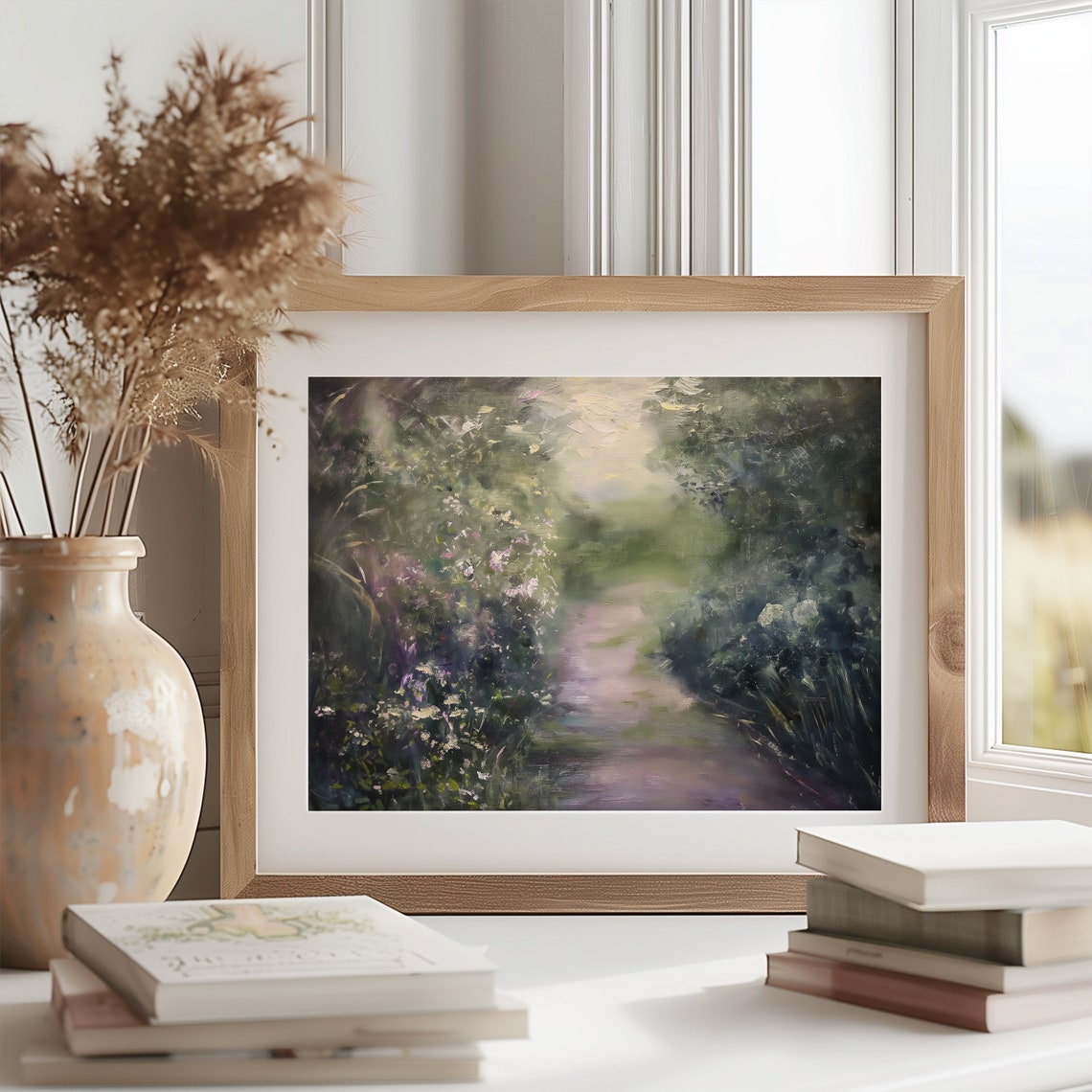 Moody Garden Path with Pink Blossoms Hazy Impressionist Poster - Image 2