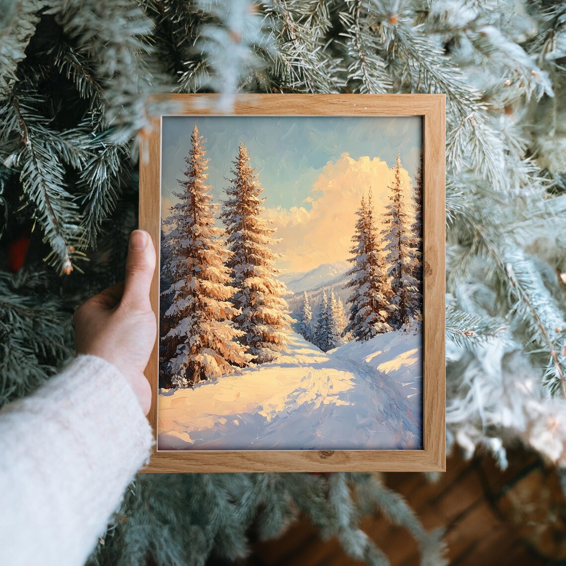 Sunlit Snowy Cedars in Warm Morning Light Winter Forest Poster - Image 6