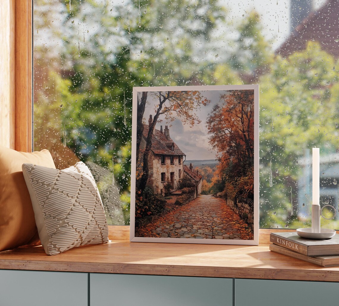 Cobblestone Village Lane Autumn Stone Cottage Fall Landscape Art Poster - Image 2