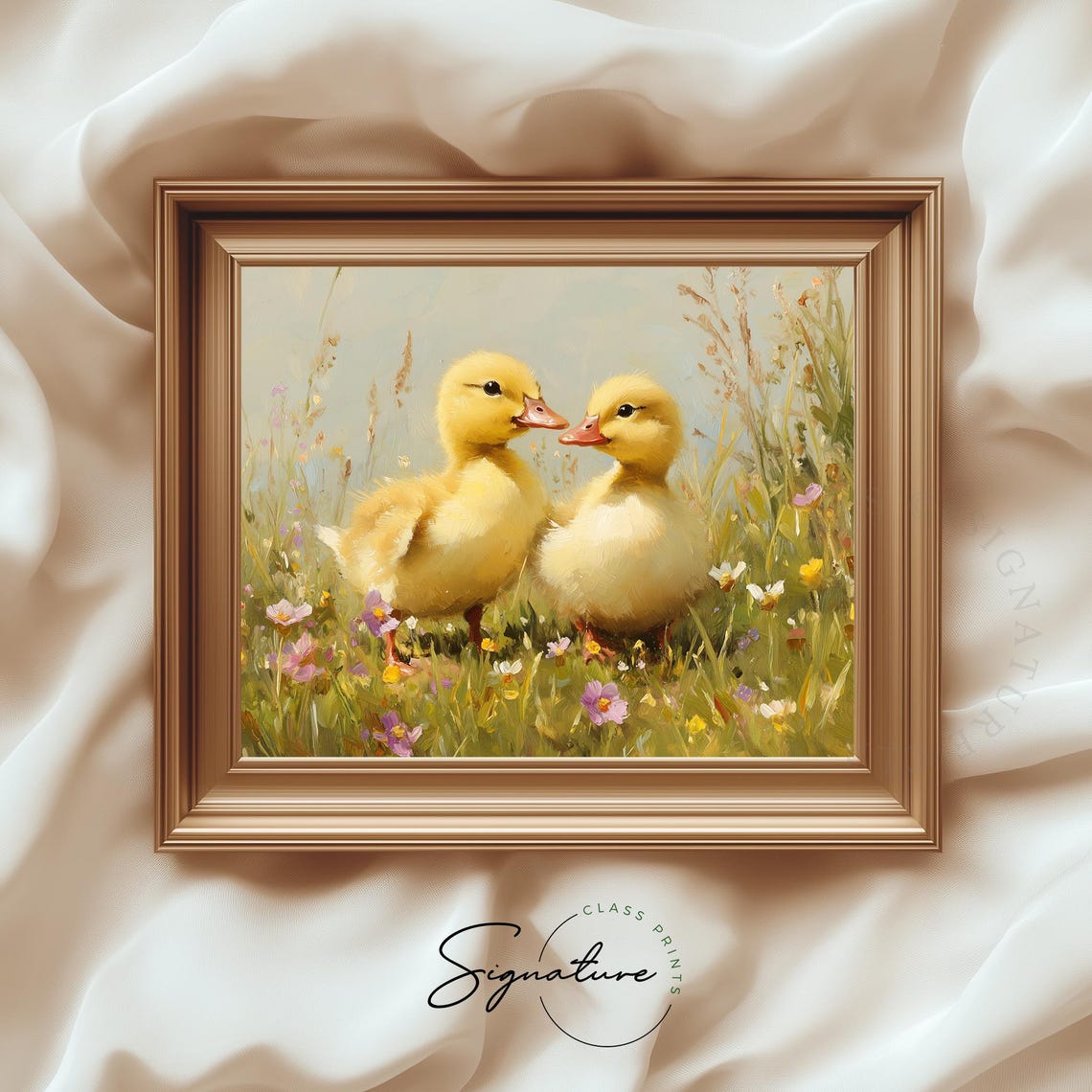 Two Baby Ducklings Beak to Beak Wildflower Meadow Spring Art Poster