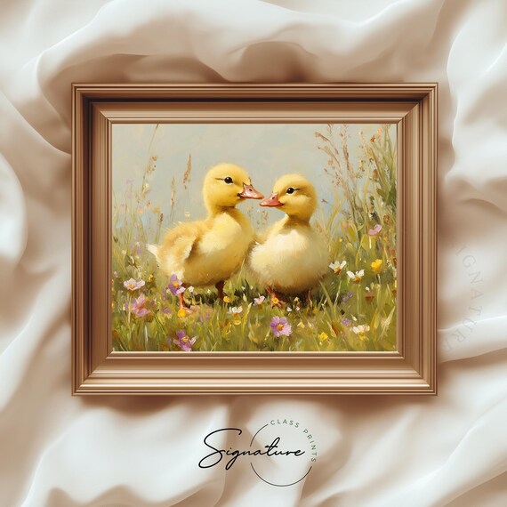 Two Baby Ducklings Beak to Beak Wildflower Meadow Spring Art Poster