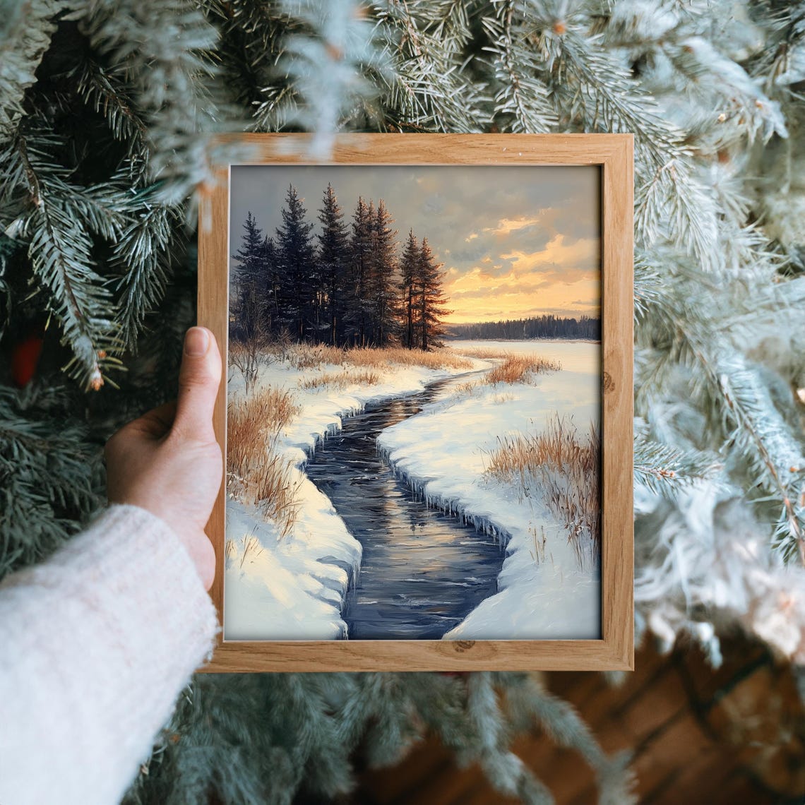 Frozen Stream Through a Snowy Meadow at Golden Sunset Poster - Image 6
