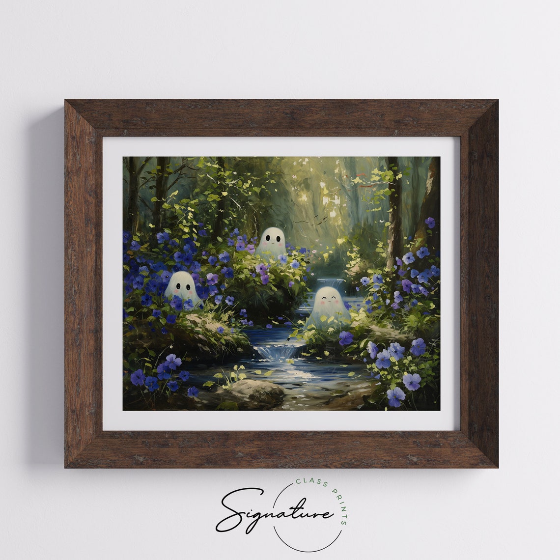 Cute Ghosts With Purple Flowers Whimsical Forest Stream Art Poster - Image 5