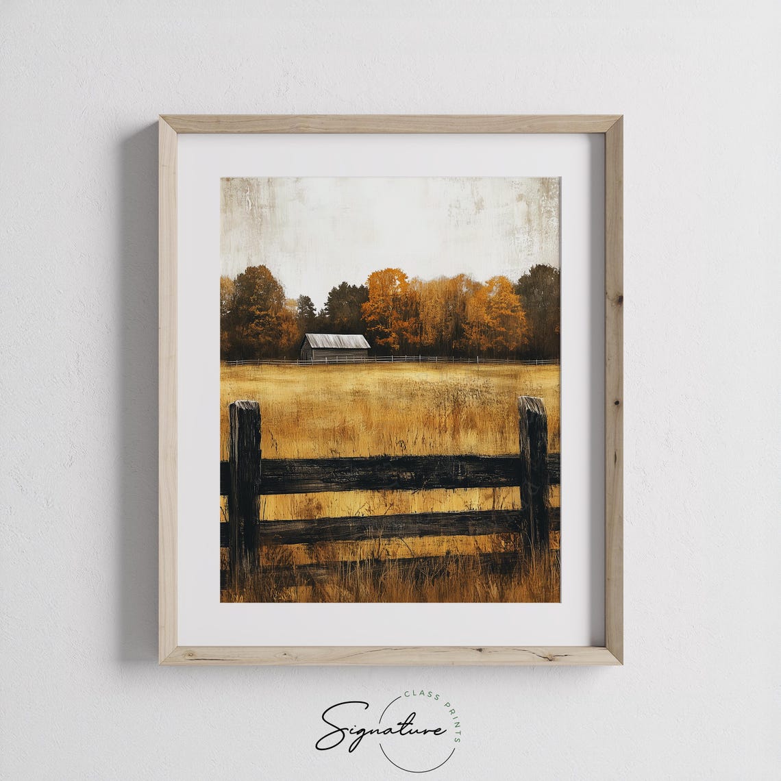 Rustic Old Barn Behind Dark Wooden Fence in Golden Field Poster - Image 3