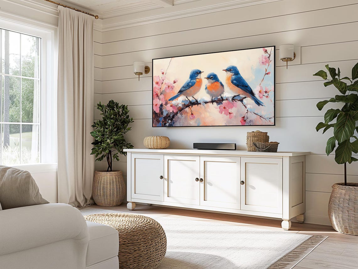 Three Bluebirds On Snowy Blossom Branch In Soft Winter Poster - Image 3