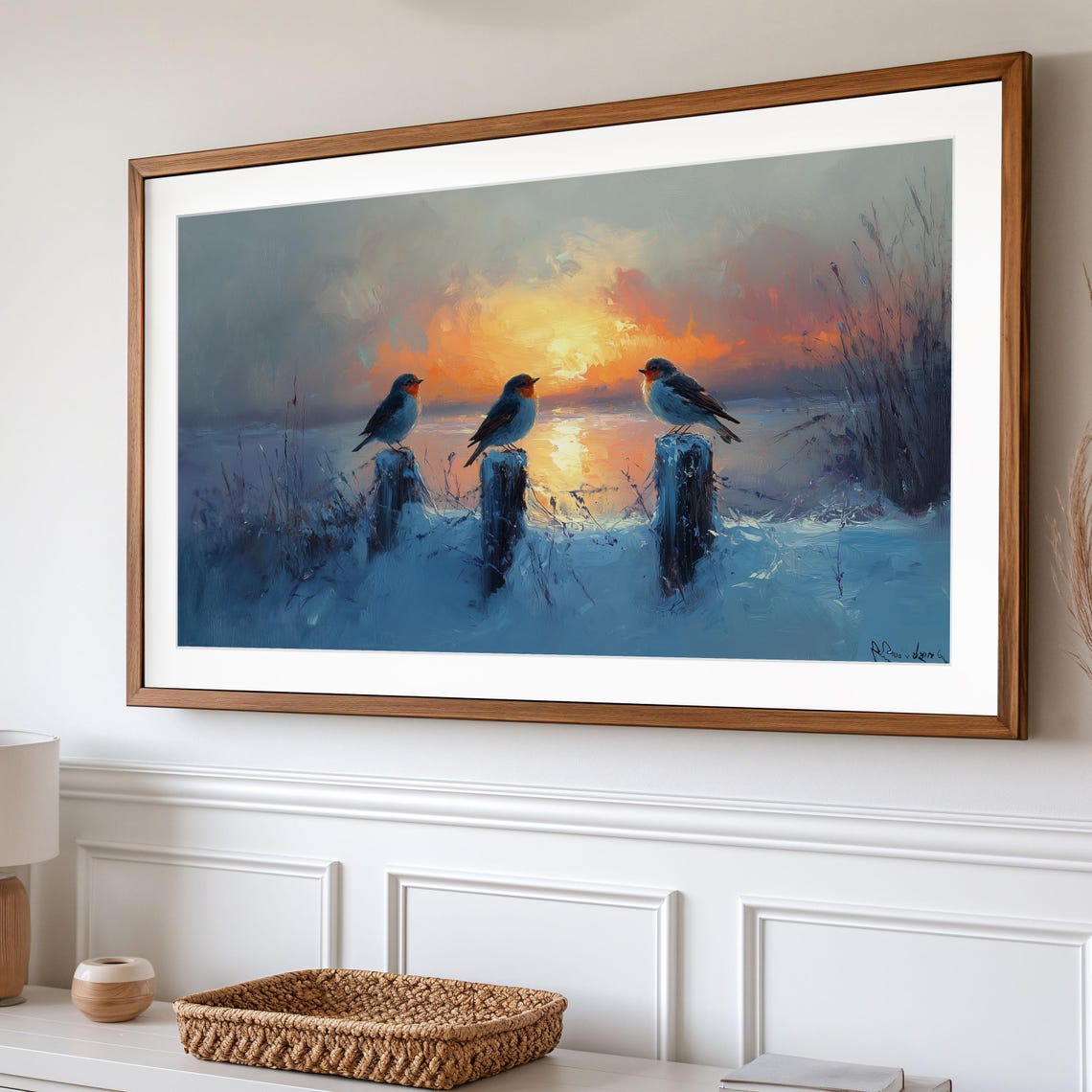 Three Robins on Fence Posts Winter Sunset Snowy Field Poster - Image 2