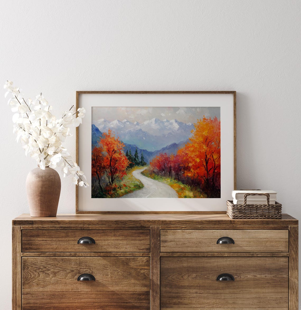 Winding Autumn Road Painting Snowy Mountain Peaks Fall Foliage Poster - Image 3
